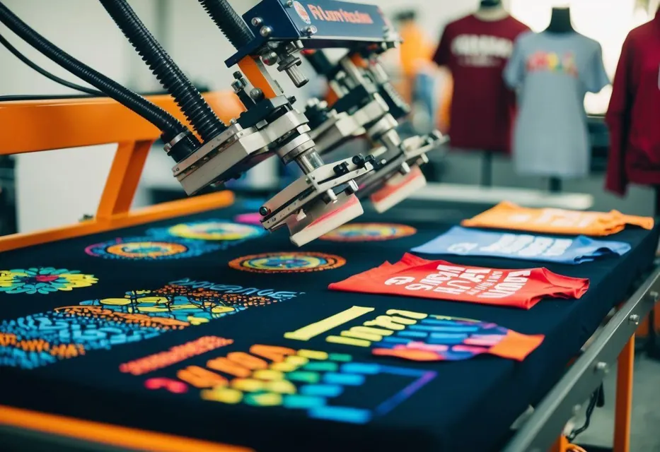 Screen printing equipment with colorful printed T-shirts arranged below the print stations