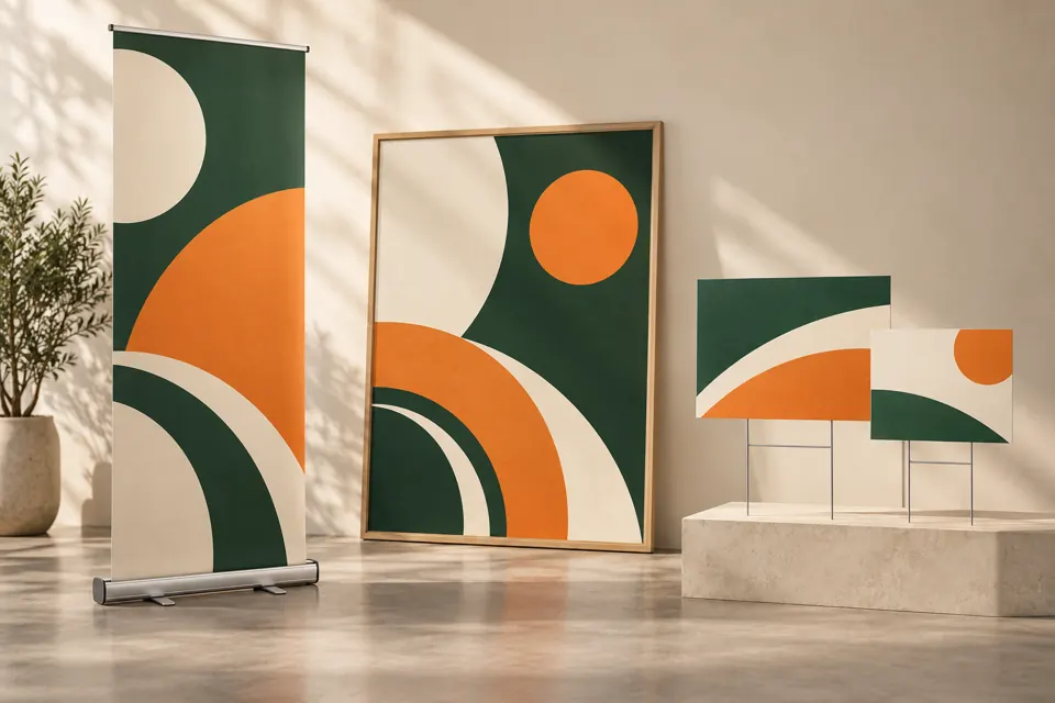 Illustrative retractable banner, framed poster, and two yard signs with coordinated geometric artwork